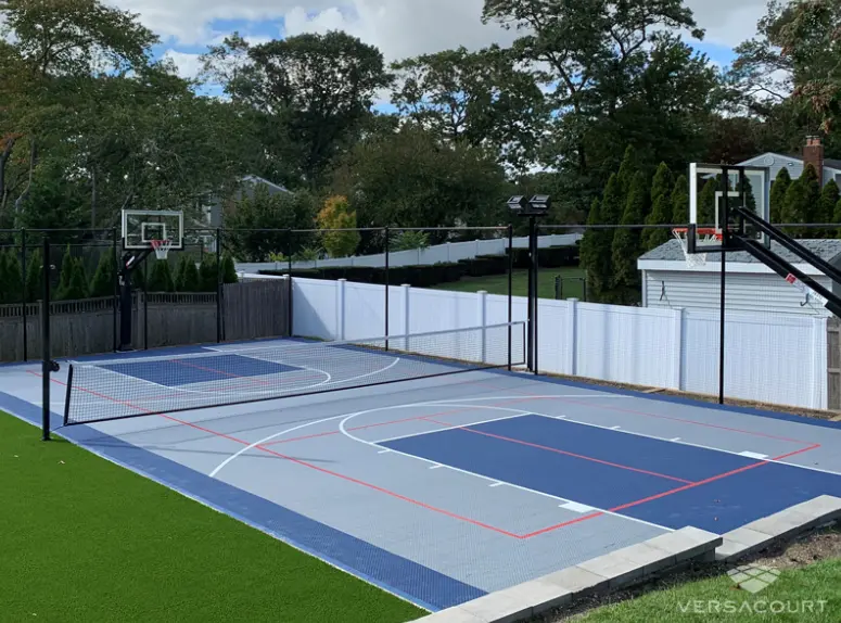 Combination game court with basketball and pickleball lines