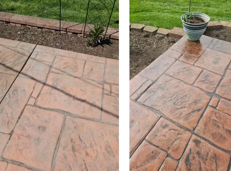 Brown stamped concrete courtyard with enhanced color and surface sheen