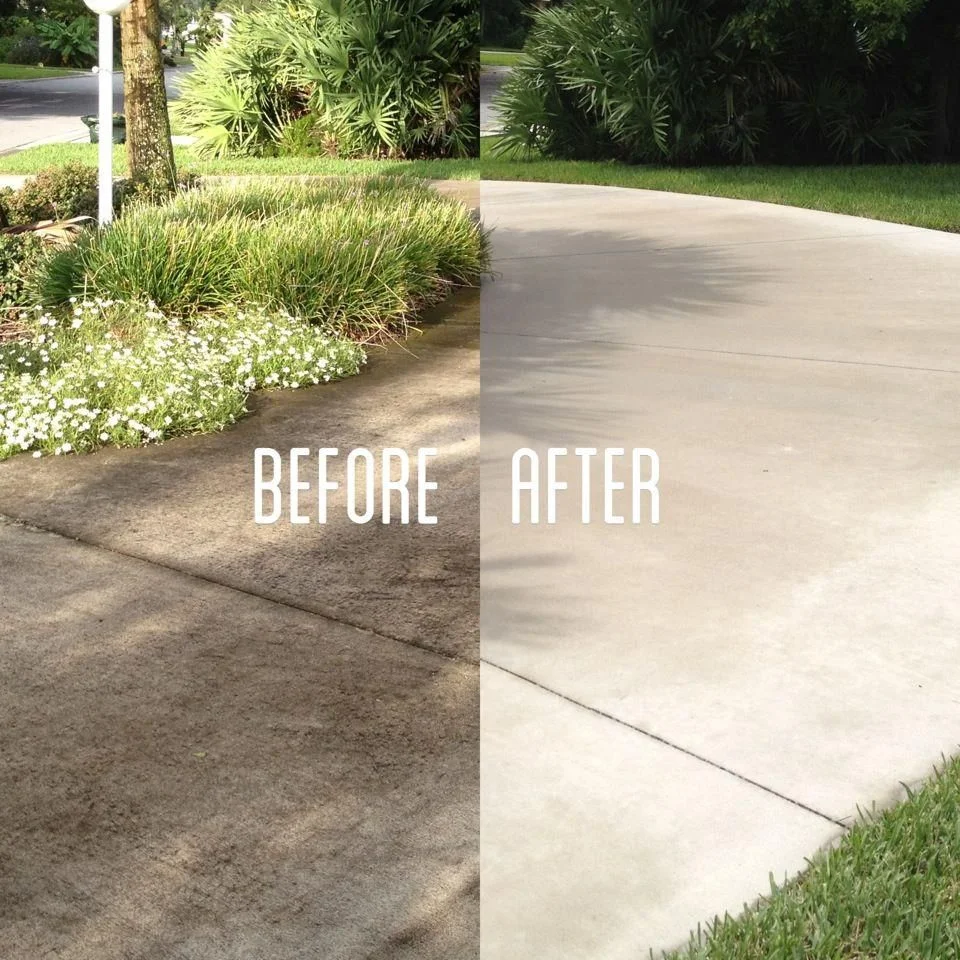 Before-and-after cleaning of a residential concrete driveway