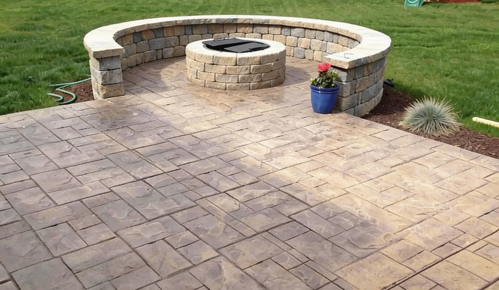 Stamped concrete patio with seating wall and fire pit in Indianapolis Indiana