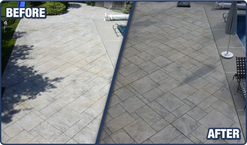 Before-and-after view of faded stamped concrete after color enhancement and resealing