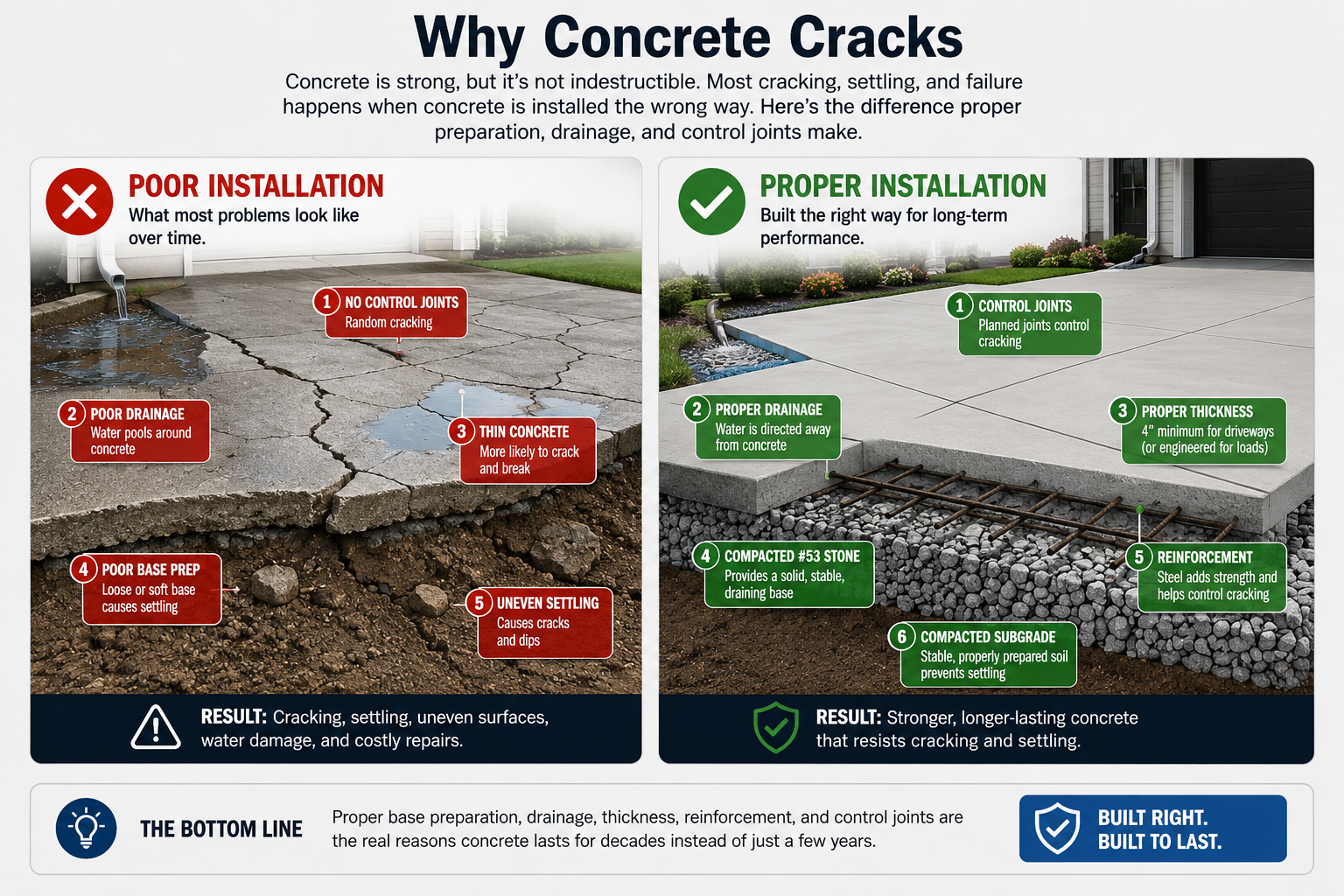 Comparison diagram showing poor concrete installation versus proper concrete installation with control joints, compacted #53 stone base, drainage, reinforcement, and proper concrete thickness in Indianapolis Indiana